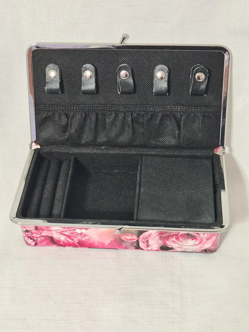 Floral Tapestry Vinyl Travel Jewelry Box Snap Close For Rings Necklaces Brooches
